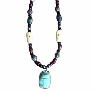 Vintage 19” Turquoise, Rose & Skull Bead Necklace